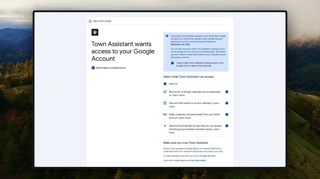Google consent screen for Town Assistant