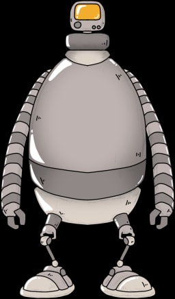 Norm the robot Townie with an orange screen face