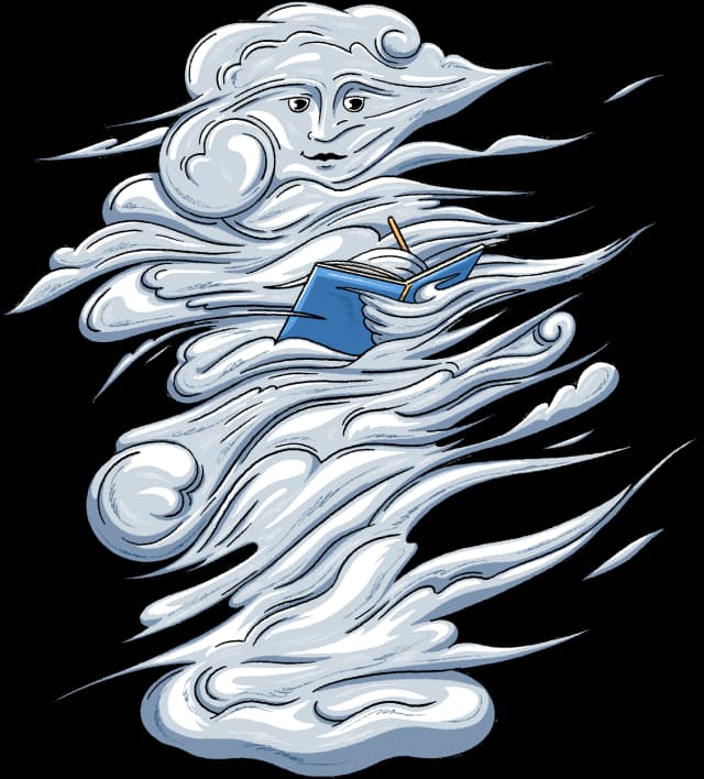 Wisp the Townie writing in a blue notebook