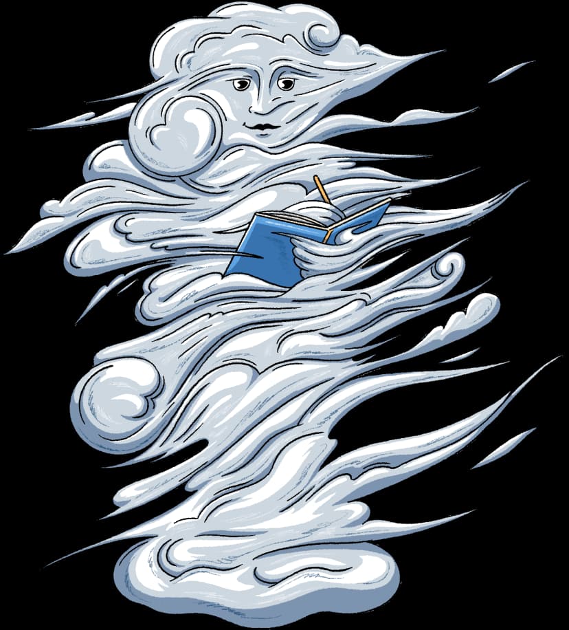 Wisp the Townie writing in a blue notebook