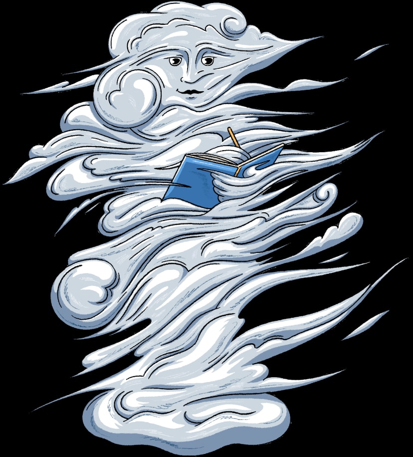 Wisp the Townie writing in a blue notebook