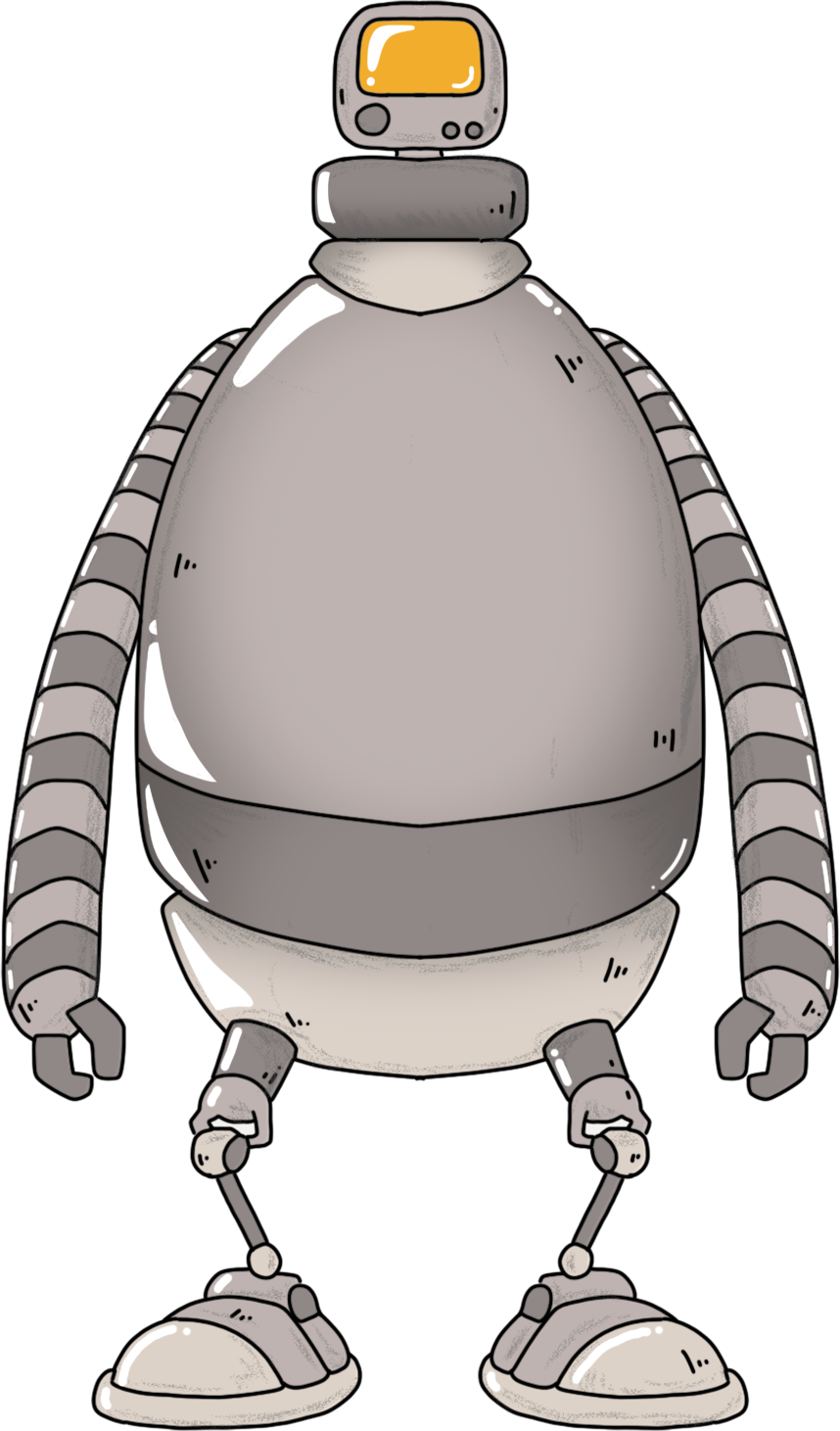 Norm the robot Townie with an orange screen face